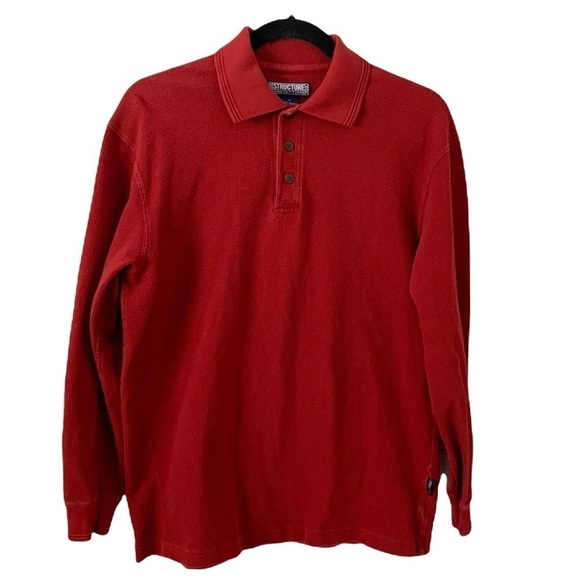 Vintage Structure Thermal Waffle Long Sleeve Polo Shirt - Picture 1 of 9
